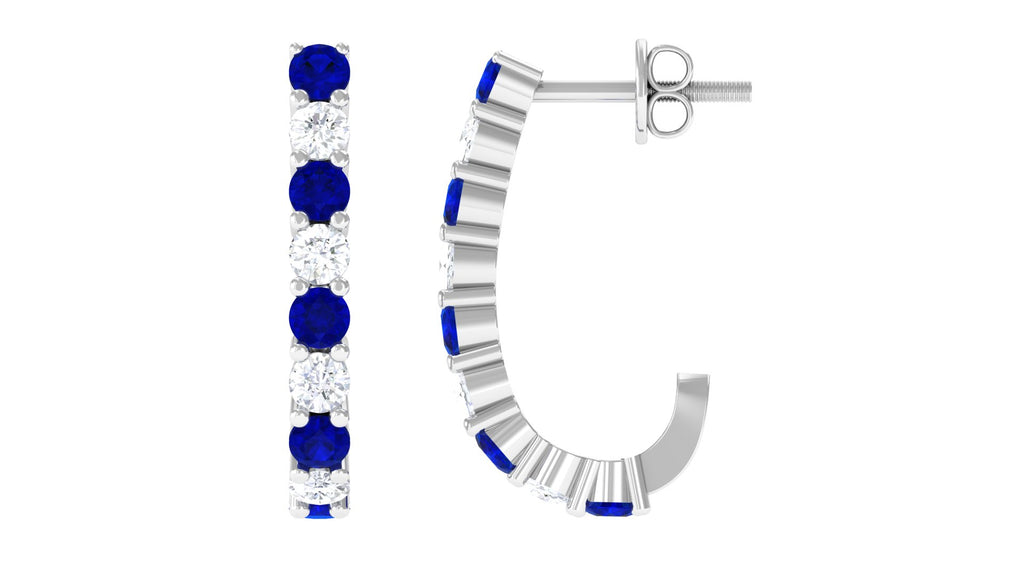 Lab Grown Blue Sapphire J Hoop Earrings with Diamond Lab Grown Diamond - ( EF-VS ) - Color and Clarity - Vibrant Grown Labs