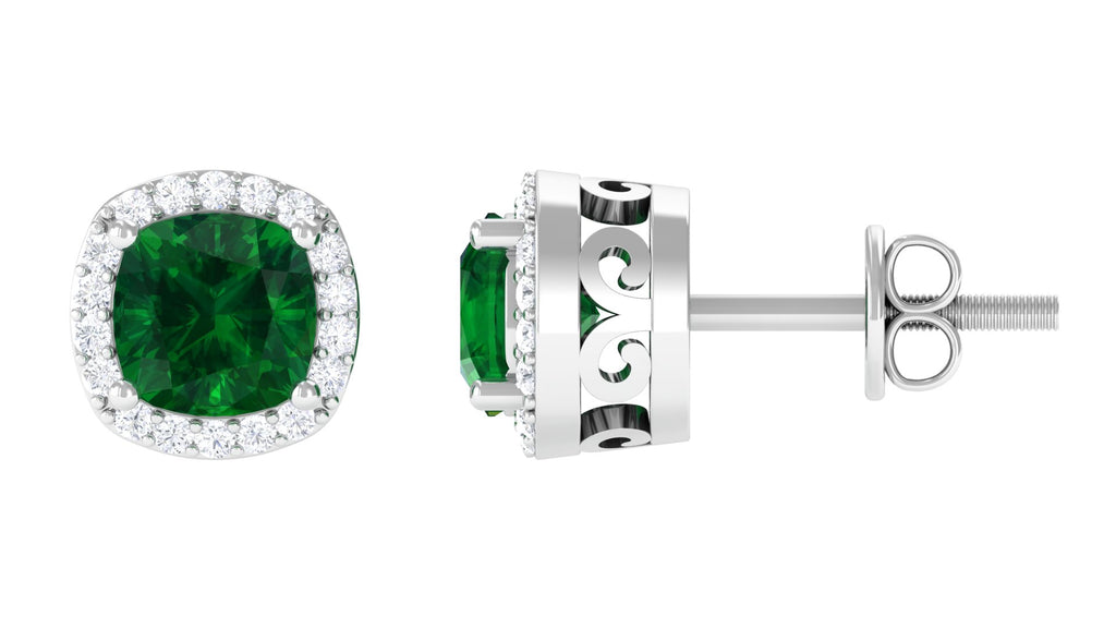 Cushion Cut Lab Grown Emerald Stud Earrings With Halo Lab Created Emerald - ( AAAA ) - Quality - Vibrant Grown Labs