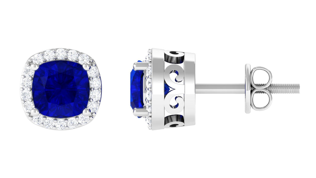 Lab Grown Blue Sapphire Classic Halo Stud Earrings Lab Created Blue Sapphire - ( AAAA ) - Quality - Vibrant Grown Labs