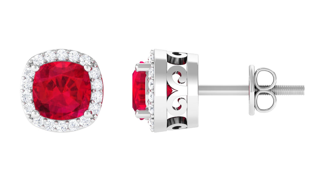Cushion Shaped Lab Grown Ruby Classic Stud Earrings with Halo Lab Created Ruby - ( AAAA ) - Quality - Vibrant Grown Labs