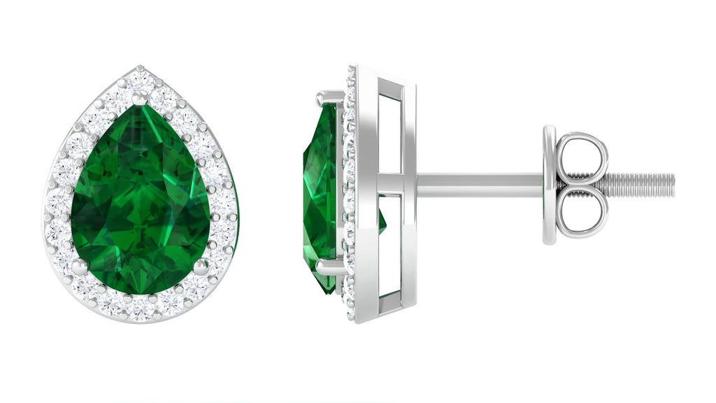 Pear Shaped Lab Grown Emerald Halo Stud Earrings Lab Created Emerald - ( AAAA ) - Quality - Vibrant Grown Labs