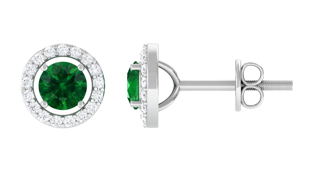 Lab Grown Emerald Stud Earrings With Halo Lab Created Emerald - ( AAAA ) - Quality - Vibrant Grown Labs