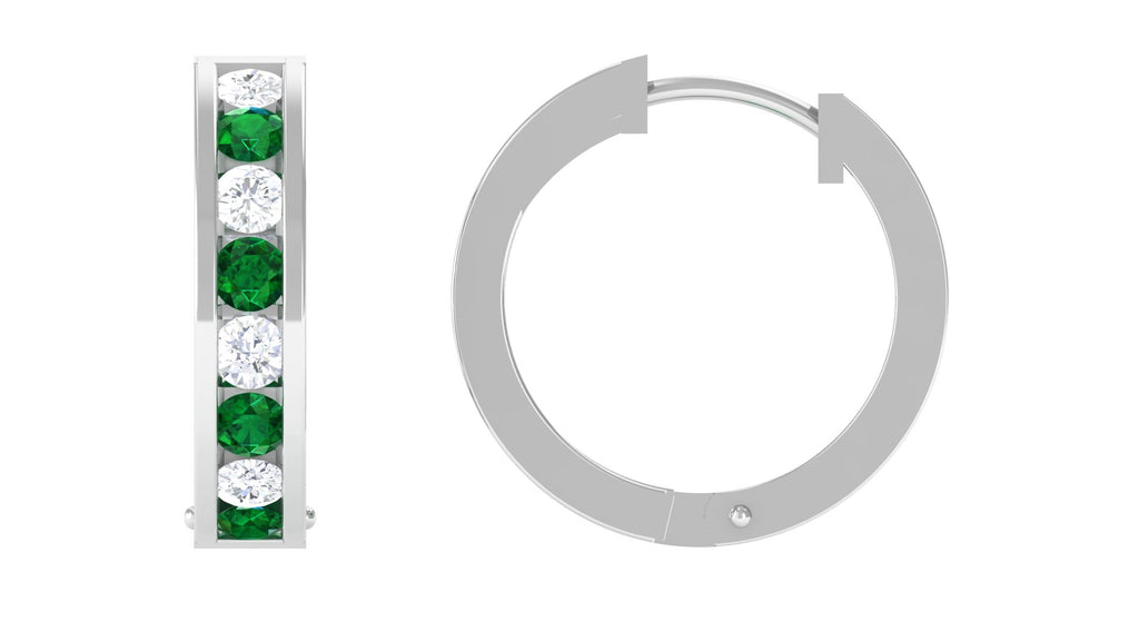 Lab Grown Emerald Hoop Earrings With Lab Grown Diamond Lab Created Emerald - ( AAAA ) - Quality - Vibrant Grown Labs