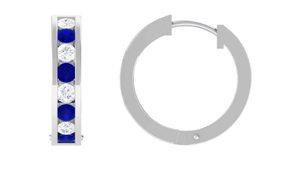 Lab Grown Blue Sapphire Hinged Hoop Earrings with Diamond Lab Created Blue Sapphire - ( AAAA ) - Quality - Vibrant Grown Labs