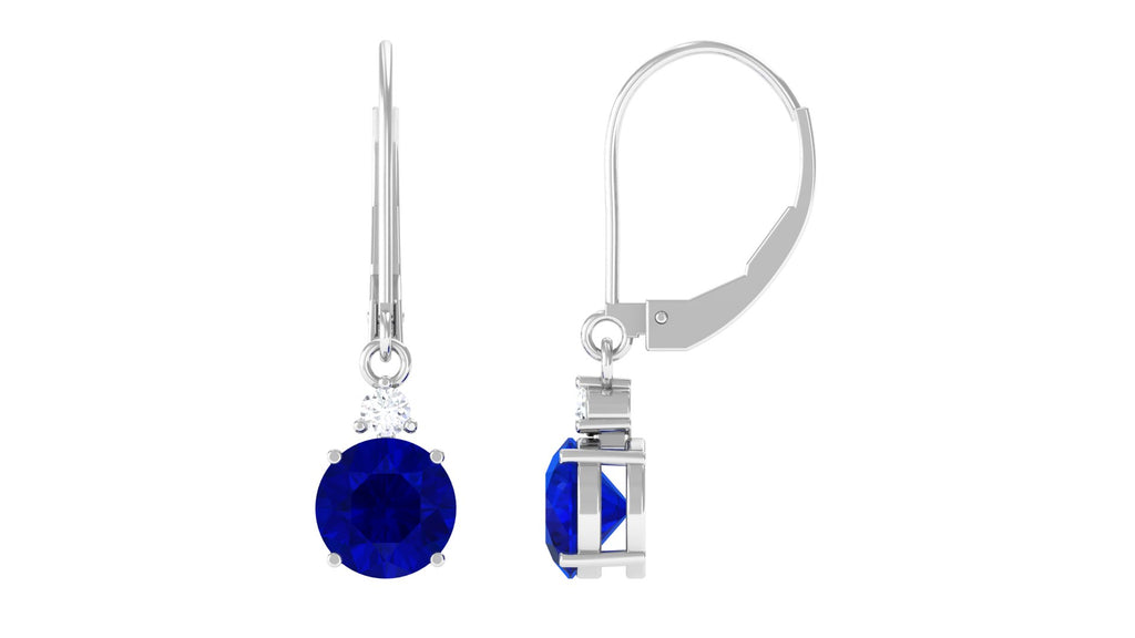 Round Lab Grown Blue Sapphire Drop Earrings Lab Created Blue Sapphire - ( AAAA ) - Quality - Vibrant Grown Labs