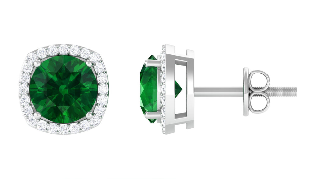 Classic Stud Earrings with Lab Grown Emerald and Diamond Lab Created Emerald - ( AAAA ) - Quality - Vibrant Grown Labs