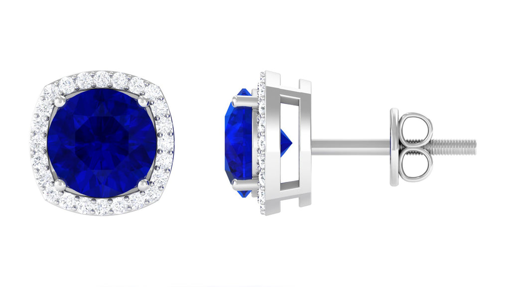 Lab Grown Blue Sapphire Statement Stud Earrings with Halo Lab Created Blue Sapphire - ( AAAA ) - Quality - Vibrant Grown Labs