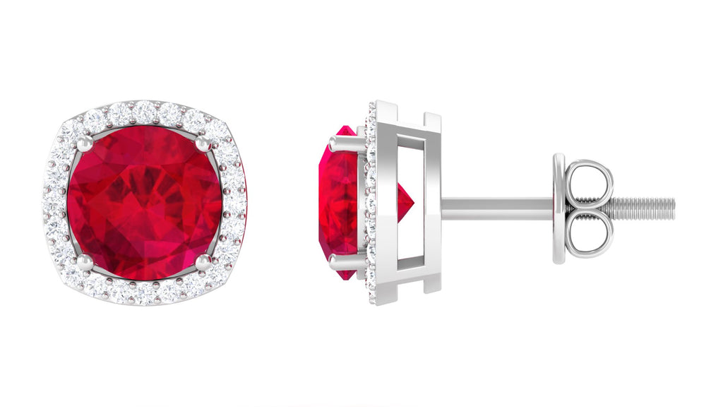 Round Shape Lab Grown Ruby Classic Stud Earrings with Halo Lab Created Ruby - ( AAAA ) - Quality - Vibrant Grown Labs