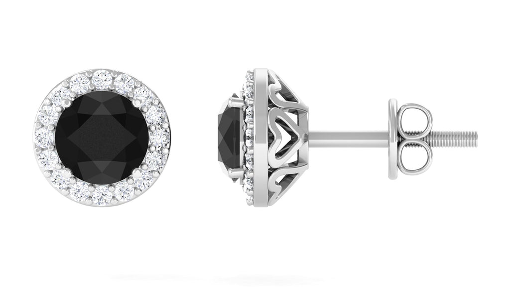 Classic Round Lab Created Black Diamond Stud Earrings with Halo Lab Created Black Diamond - ( AAAA ) - Quality - Vibrant Grown Labs