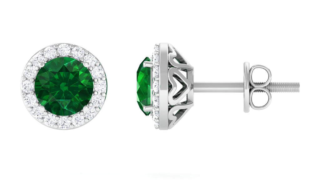 Lab Grown Emerald Classic Stud Earrings with Halo Lab Created Emerald - ( AAAA ) - Quality - Vibrant Grown Labs