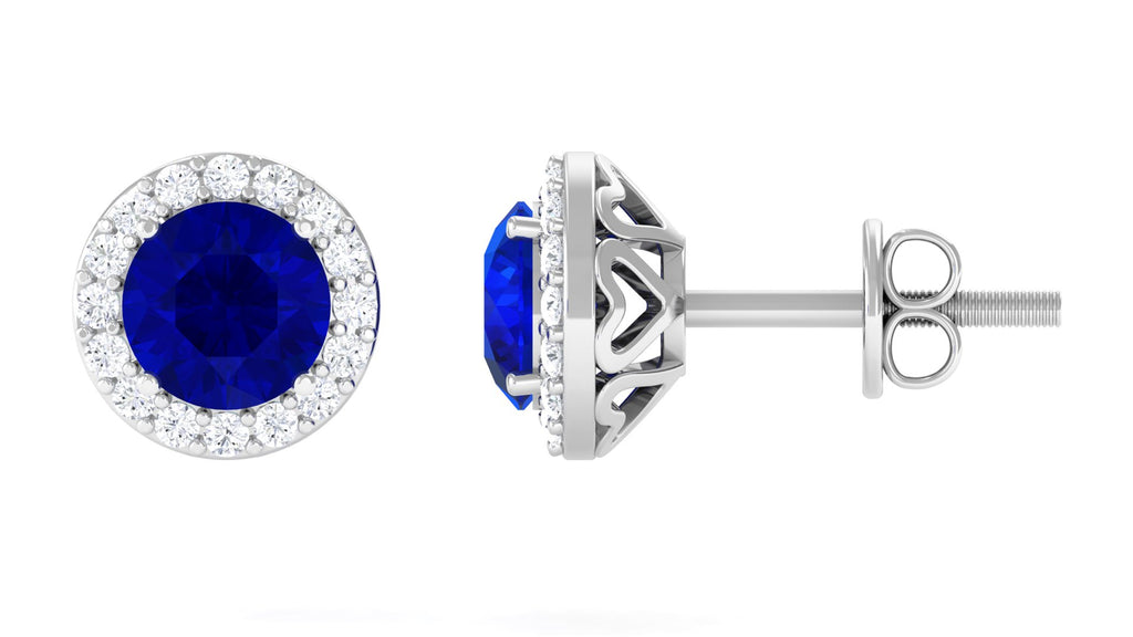 Classic Lab Created Blue Sapphire Stud Earrings with Halo Lab Created Blue Sapphire - ( AAAA ) - Quality - Vibrant Grown Labs