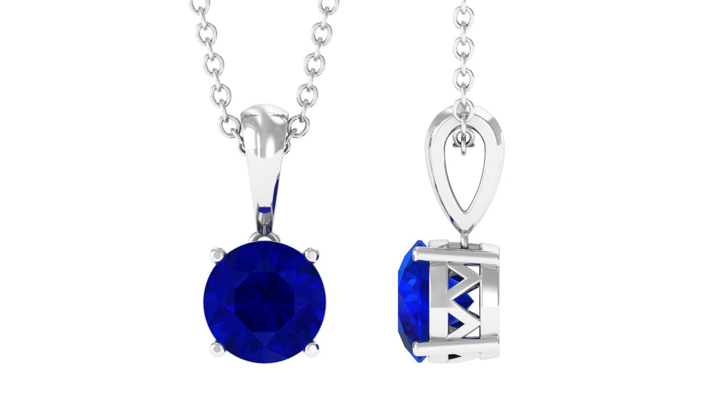 Round Lab Grown Blue Sapphire Solitaire Pendant Necklace Lab Created Blue Sapphire - ( AAAA ) - Quality - Vibrant Grown Labs