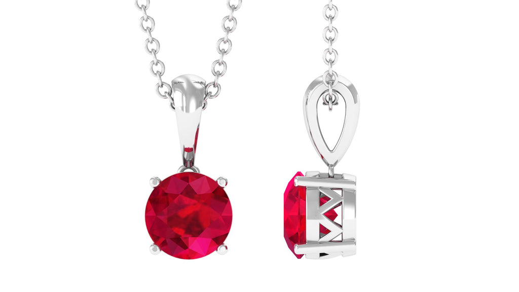 Round Solitaire Pendant Necklace With Round Lab Grown Ruby Lab Created Ruby - ( AAAA ) - Quality - Vibrant Grown Labs