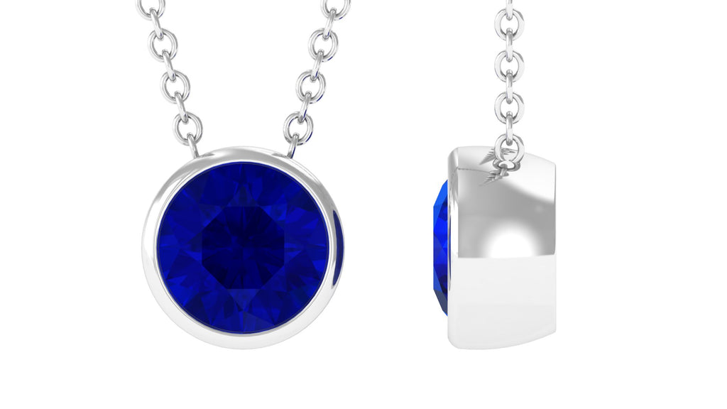 Bezel Set Lab Grown Blue Sapphire Pendant Necklace Lab Created Blue Sapphire - ( AAAA ) - Quality - Vibrant Grown Labs