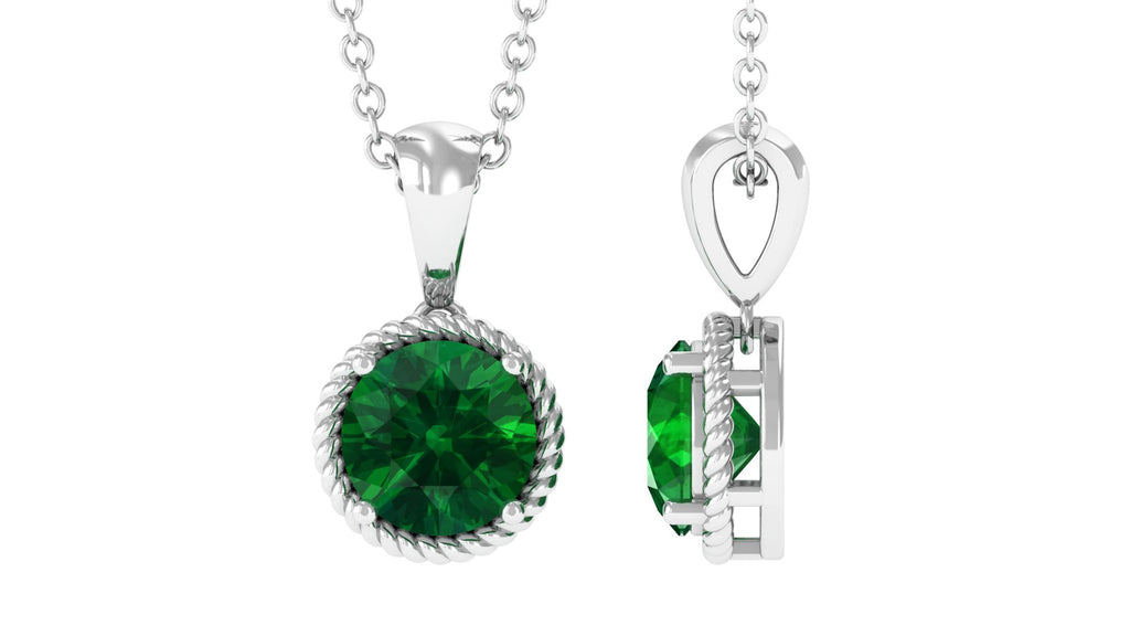Lab Grown Emerald Solitaire Pendant Necklace with Twisted Rope Lab Created Emerald - ( AAAA ) - Quality - Vibrant Grown Labs