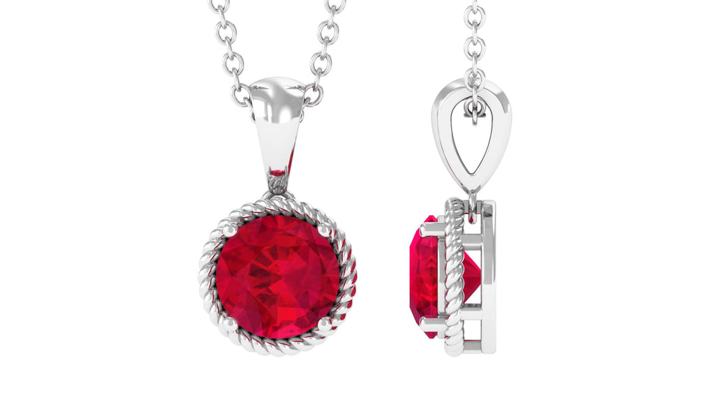 Round Solitaire Pendant Necklace with Lab Grown Ruby Lab Created Ruby - ( AAAA ) - Quality - Vibrant Grown Labs