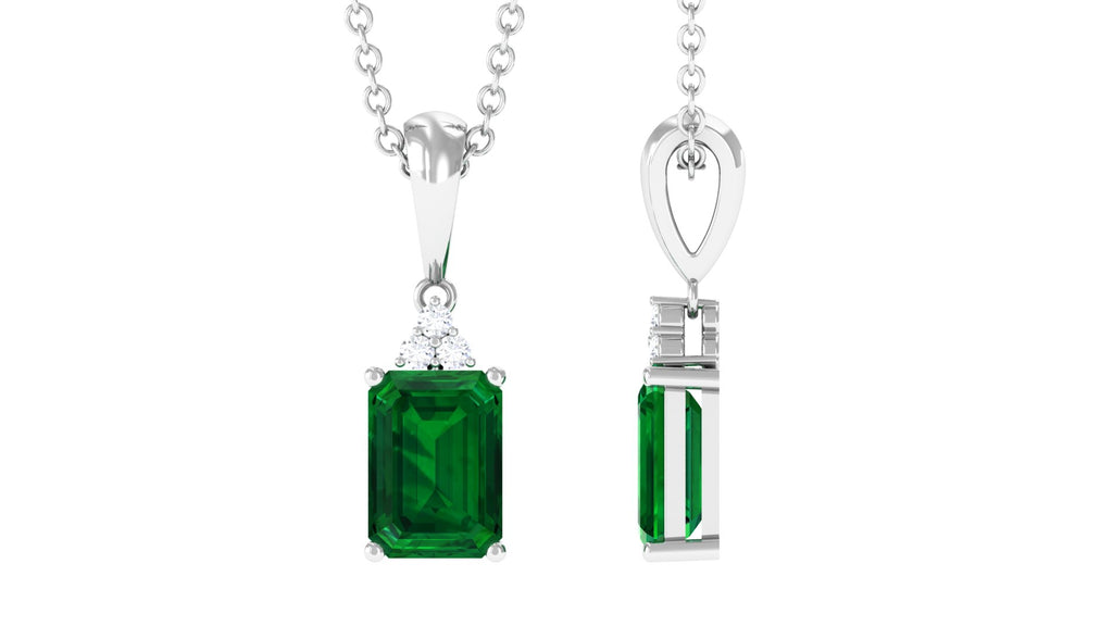 Lab Grown Emerald Pendant Necklace with Diamond Trio Lab Created Emerald - ( AAAA ) - Quality - Vibrant Grown Labs