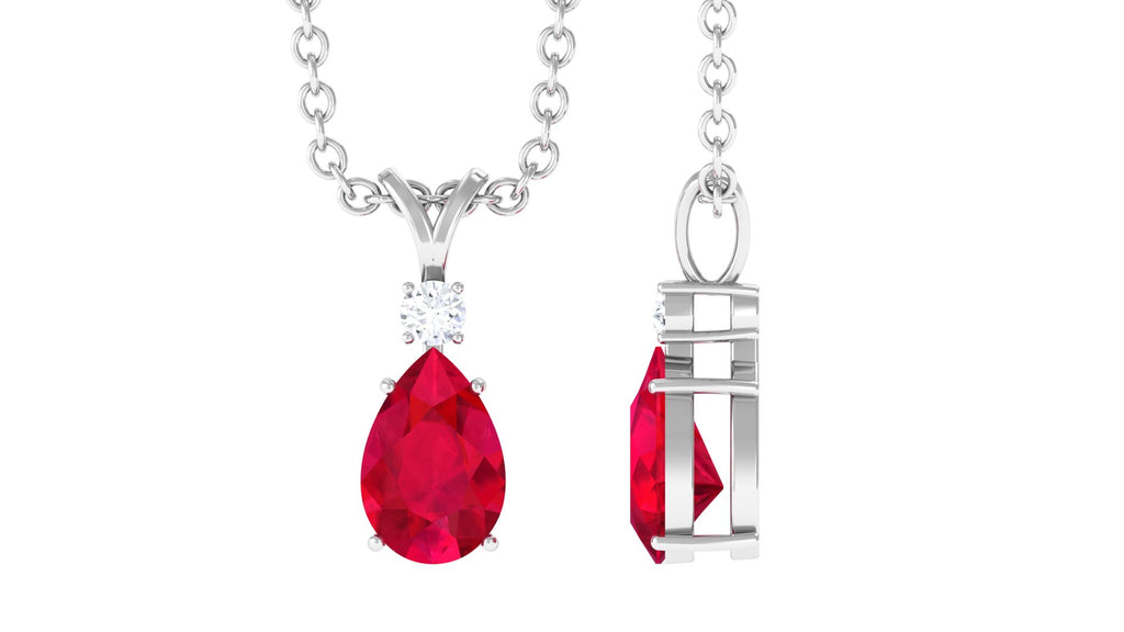 Pear Shaped Lab Grown Ruby Minimal Pendant Necklace Lab Created Ruby - ( AAAA ) - Quality - Vibrant Grown Labs