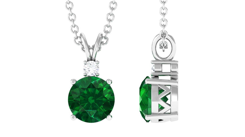 Lab Grown Emerald Solitaire Pendant Necklace with Diamond Lab Created Emerald - ( AAAA ) - Quality - Vibrant Grown Labs