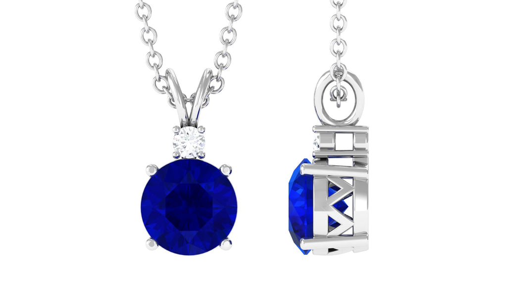 Lab Grown Blue Sapphire Solitaire Pendant Necklace Lab Created Blue Sapphire - ( AAAA ) - Quality - Vibrant Grown Labs