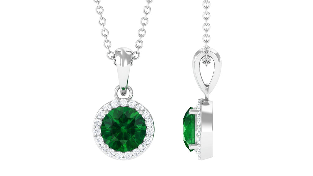 Lab Grown Emerald Classic Halo Pendant Necklace with Diamond Lab Created Emerald - ( AAAA ) - Quality - Vibrant Grown Labs