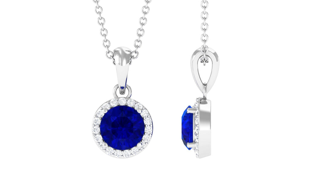 Lab Grown Blue Sapphire Pendant Necklace With Halo Lab Created Blue Sapphire - ( AAAA ) - Quality - Vibrant Grown Labs