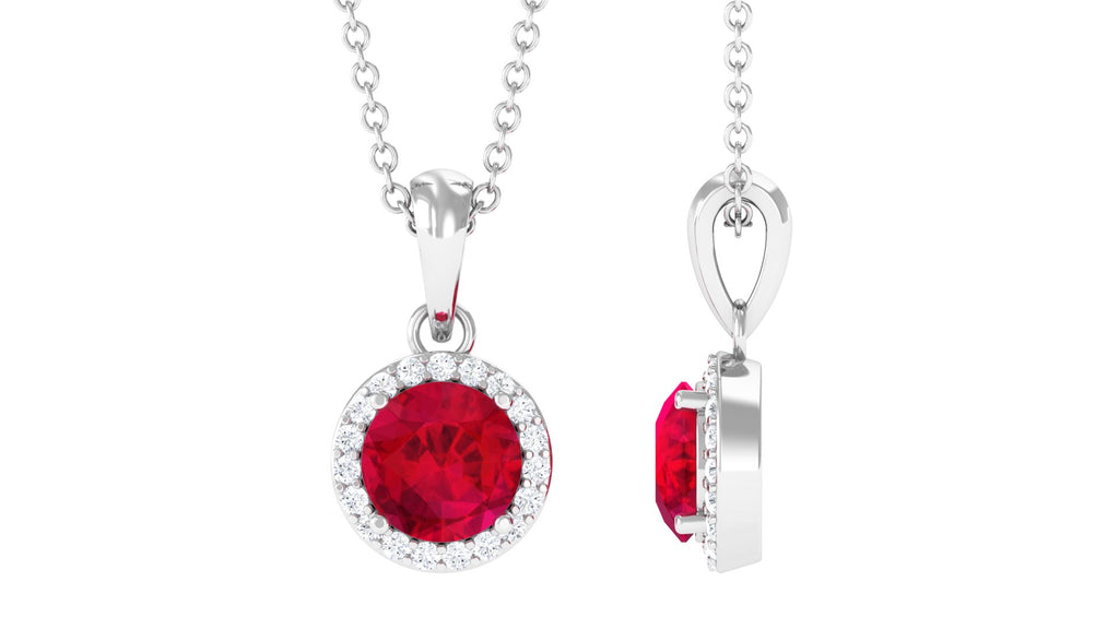 Lab Grown Ruby Pendant Necklace with Halo Lab Created Ruby - ( AAAA ) - Quality - Vibrant Grown Labs