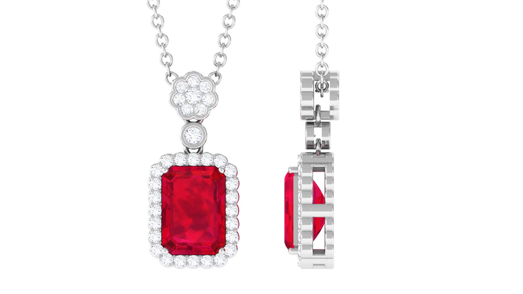 Emerald Cut Lab Grown Ruby Pendant with Halo Lab Created Ruby - ( AAAA ) - Quality - Vibrant Grown Labs