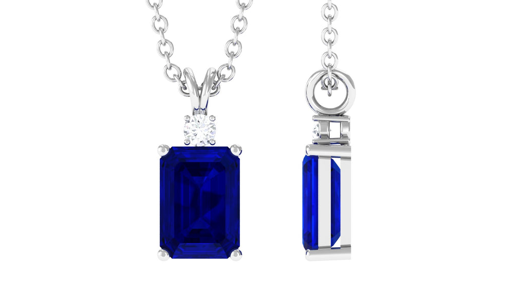 Emerald Cut Lab Grown Blue Sapphire Solitaire Pendant Necklace Lab Created Blue Sapphire - ( AAAA ) - Quality - Vibrant Grown Labs