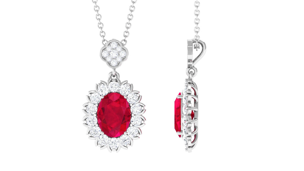 Oval Lab Grown Ruby Statement Pendant Necklace with Halo Lab Created Ruby - ( AAAA ) - Quality - Vibrant Grown Labs