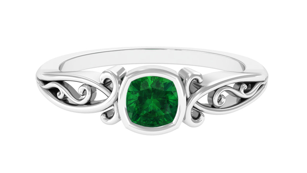Cushion Cut Lab Created Emerald Solitaire Ring Lab Created Emerald - ( AAAA ) - Quality - Vibrant Grown Labs