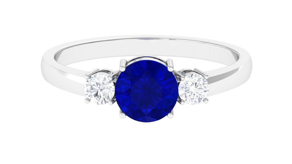 Three Stone Engagement Ring with Lab Grown Blue Sapphire Lab Created Blue Sapphire - ( AAAA ) - Quality - Vibrant Grown Labs