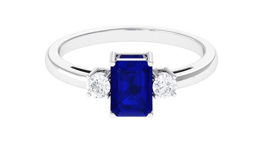 Emerald Cut Lab Grown Blue Sapphire Solitaire Engagement Ring Lab Created Blue Sapphire - ( AAAA ) - Quality - Vibrant Grown Labs