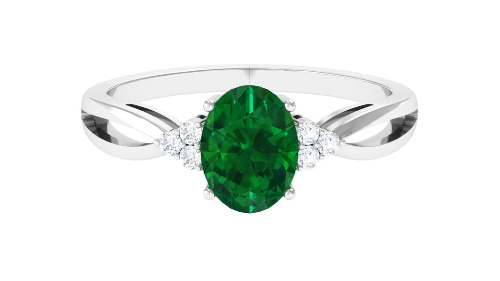 Lab Grown Emerald Split Shank Engagement Ring with Diamond Trio Lab Created Emerald - ( AAAA ) - Quality - Vibrant Grown Labs