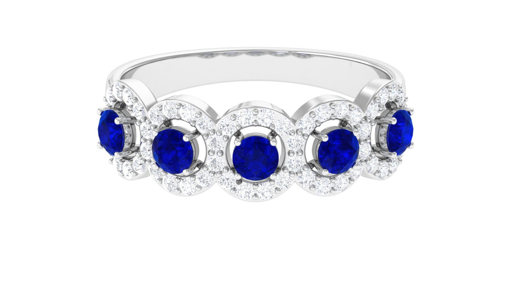Lab Grown Blue Sapphire Wedding Band With Lab Grown Diamond Lab Created Blue Sapphire - ( AAAA ) - Quality - Vibrant Grown Labs