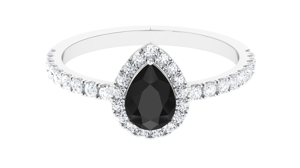 Pear Shape Lab Created Black Diamond Ring with Halo Lab Created Black Diamond - ( AAAA ) - Quality - Vibrant Grown Labs
