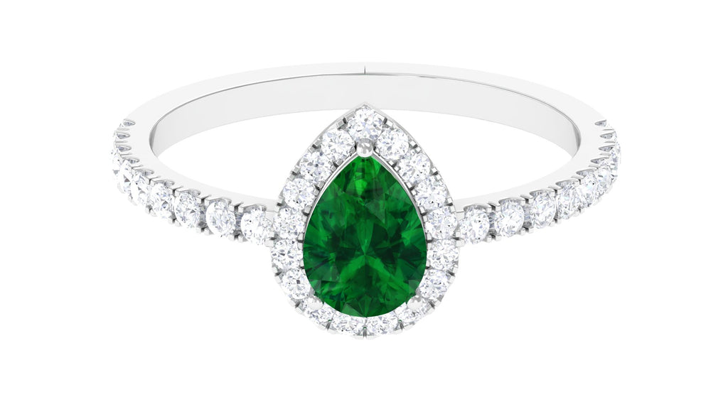 Lab Grown Emerald Teardrop Halo Engagement Ring with Accent Lab Created Emerald - ( AAAA ) - Quality - Vibrant Grown Labs