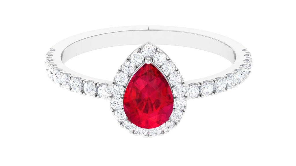 Pear Shaped Lab Grown Ruby Halo Engagement Ring Lab Created Ruby - ( AAAA ) - Quality - Vibrant Grown Labs