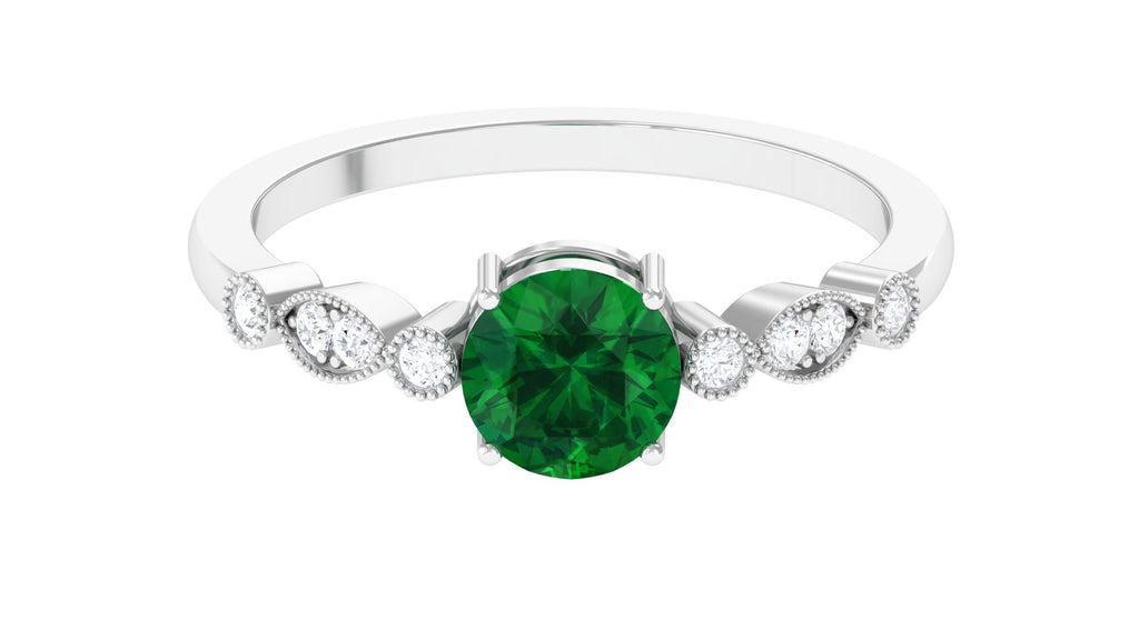 Lab Grown Emerald Classic Halo Ring with Beaded Details Lab Created Emerald - ( AAAA ) - Quality - Vibrant Grown Labs