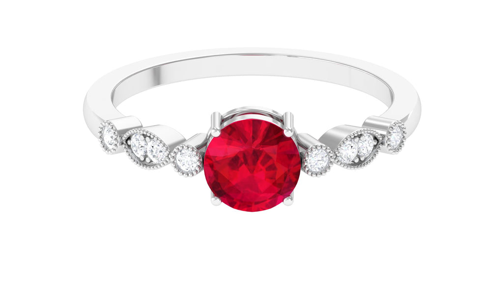 Classic Lab Grown Ruby Solitaire Engagement Ring with Side Stones Lab Created Ruby - ( AAAA ) - Quality - Vibrant Grown Labs