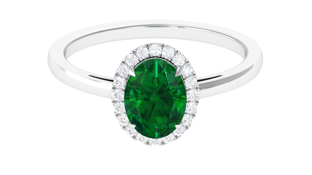 Oval Lab Grown Emerald Halo Engagement Ring Lab Created Emerald - ( AAAA ) - Quality - Vibrant Grown Labs