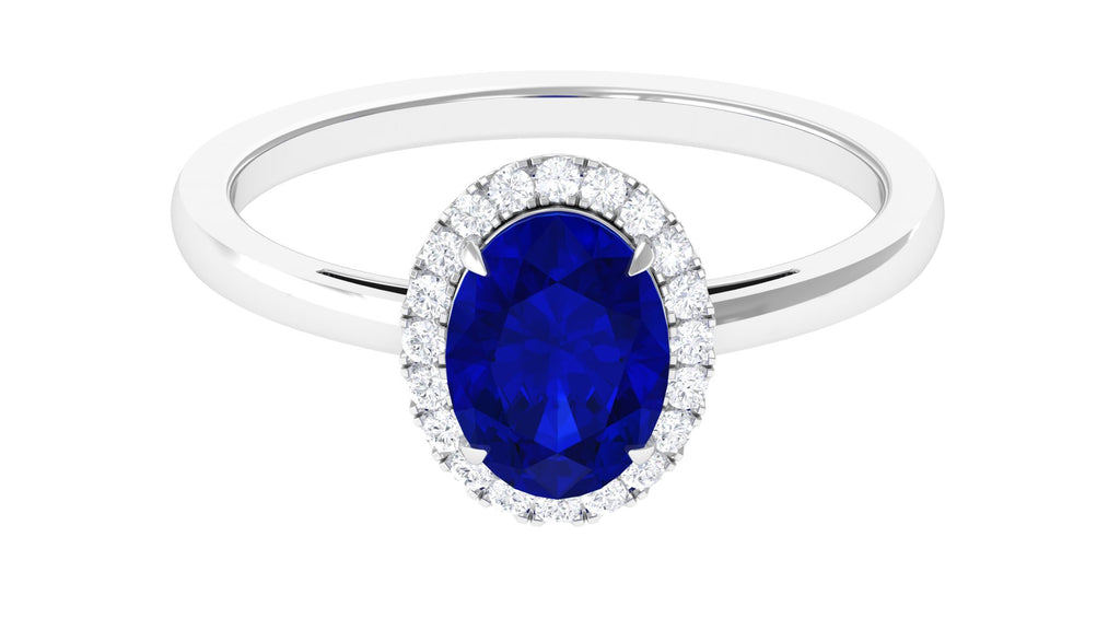Lab Grown Blue Sapphire Halo Engagement Ring Lab Created Blue Sapphire - ( AAAA ) - Quality - Vibrant Grown Labs