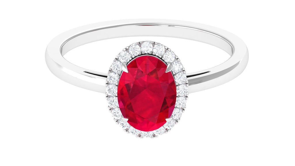 Oval Lab Grown Ruby Engagement Ring With Halo Lab Created Ruby - ( AAAA ) - Quality - Vibrant Grown Labs