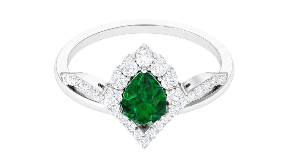 Lab Grown Emerald Halo Designer Chevron Engagement Ring Lab Created Emerald - ( AAAA ) - Quality - Vibrant Grown Labs