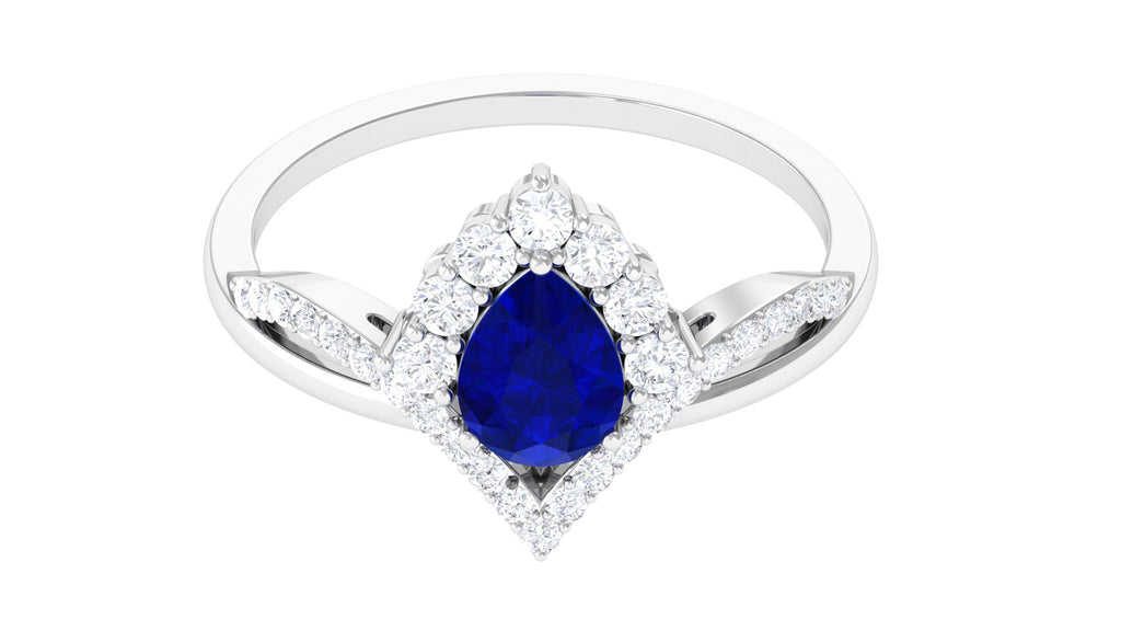 Pear Shaped Lab Grown Blue Sapphire Engagement Ring Lab Created Blue Sapphire - ( AAAA ) - Quality - Vibrant Grown Labs