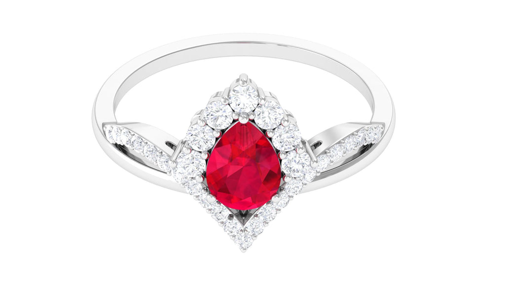 Pear Shape Lab Grown Ruby Designer Engagement Ring with Accent Lab Created Ruby - ( AAAA ) - Quality - Vibrant Grown Labs